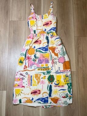 Sincerely Jules Colorful Tropical Midi Dress Size M | Open Back w/ Pockets